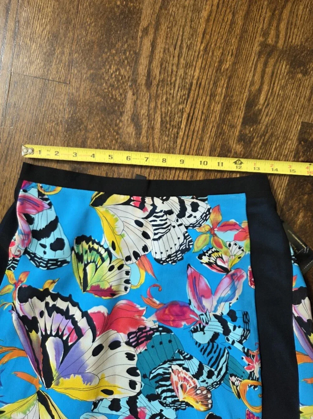 Nicole Miller Blue Butterfly Print High-Low Skirt with Black Trim